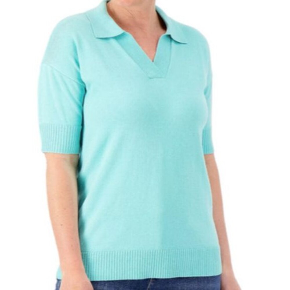 Denim & Co Aqua Cotton Blend Drop Shoulder Elbow Sleeve Collared Sweater Size XS